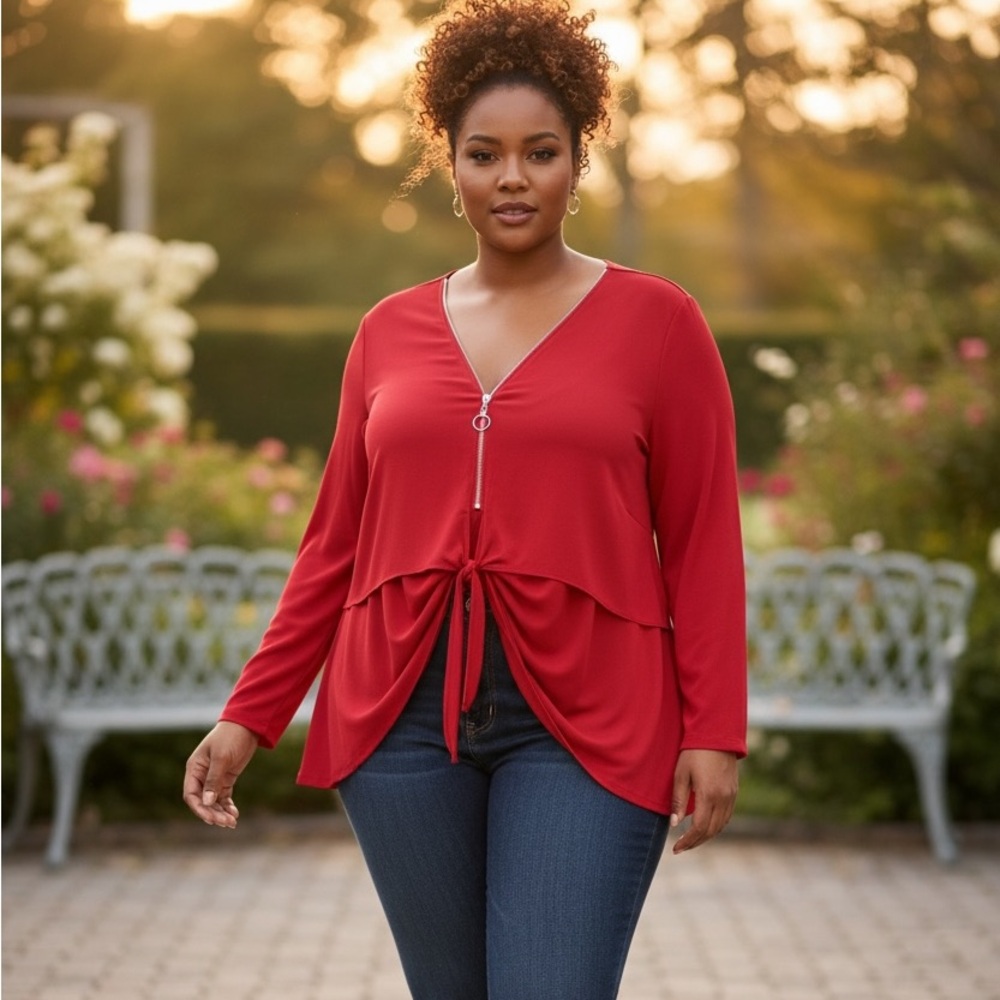 Avenue Blouse | Size 30/32 | Red Zip Front Tie Waist Top